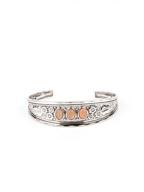 B-02 Silver tone Floral Cuff Bracelet with Peach Stone Accents